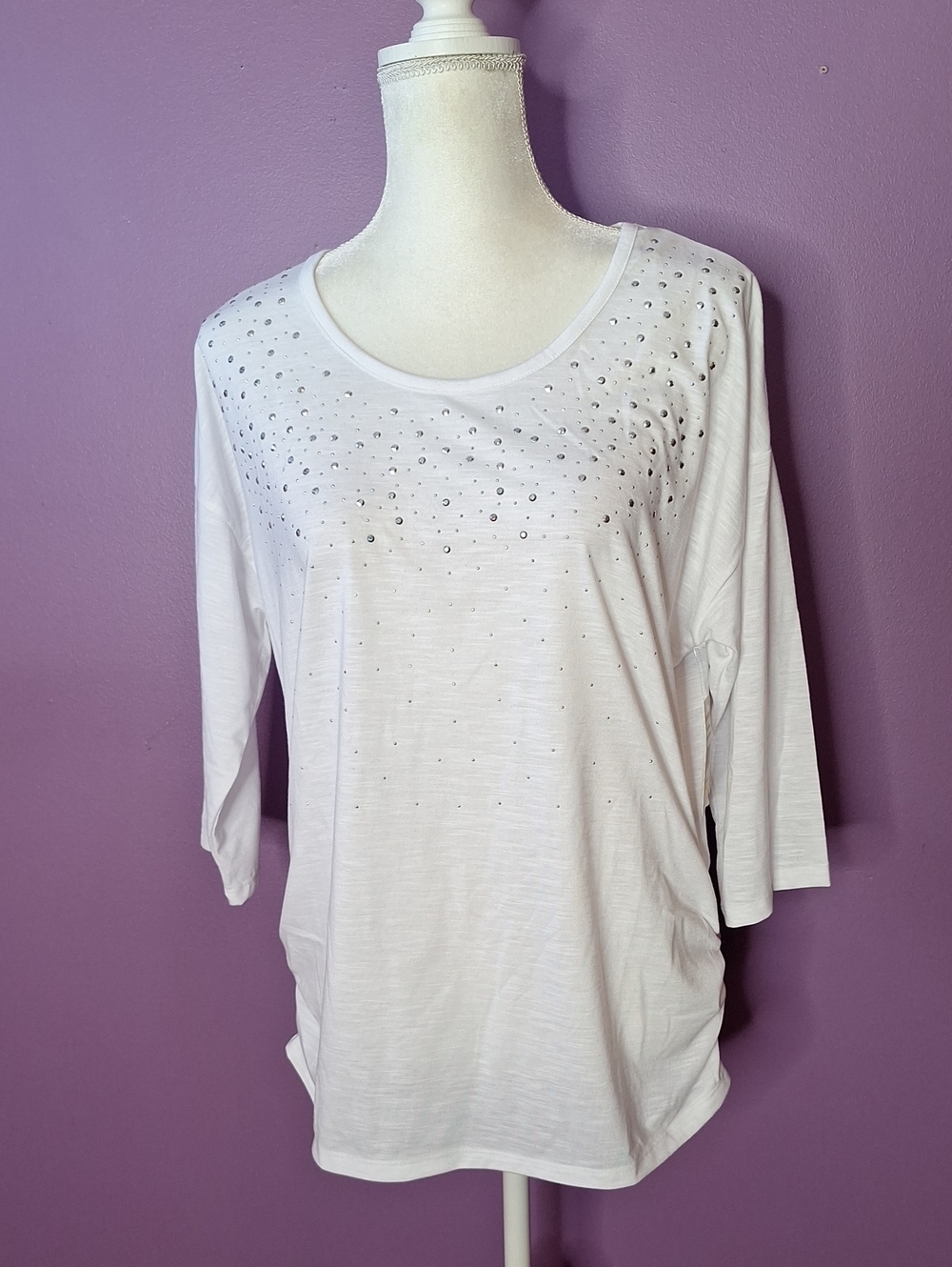 Breckenridge White Long Sleeve Scoop Neck Top with Rhinestone Accents